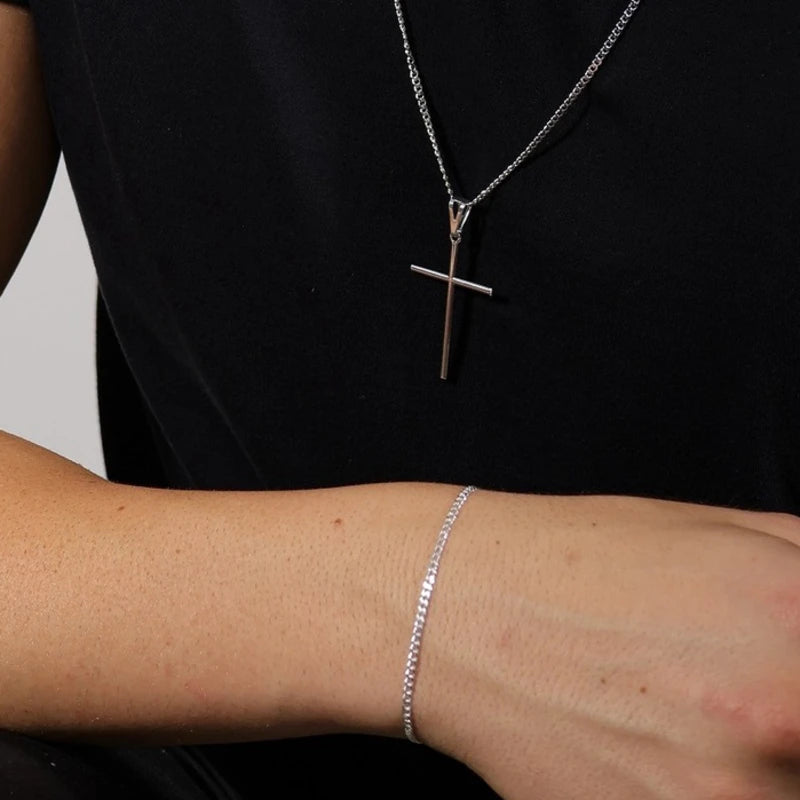 3 peças Joias Conjunto de Corrente Grumet Colar e Pulseira com pingente cruz palito Moda Masculina Banhadas a Prata Aço Inox 316