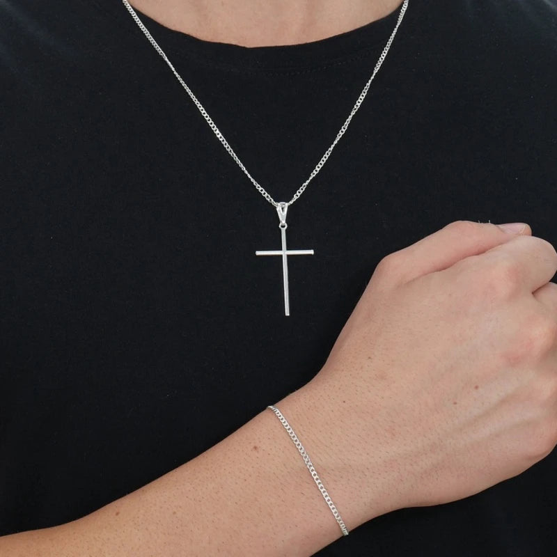 3 peças Joias Conjunto de Corrente Grumet Colar e Pulseira com pingente cruz palito Moda Masculina Banhadas a Prata Aço Inox 316