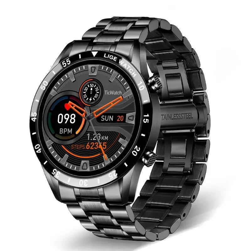 LIGE-Luxo Full Circle Touch Screen Smart Watch para Homens, Bluetooth Call, Faixa de Aço, Impermeável, Esportes, Fitness, Android, iOS