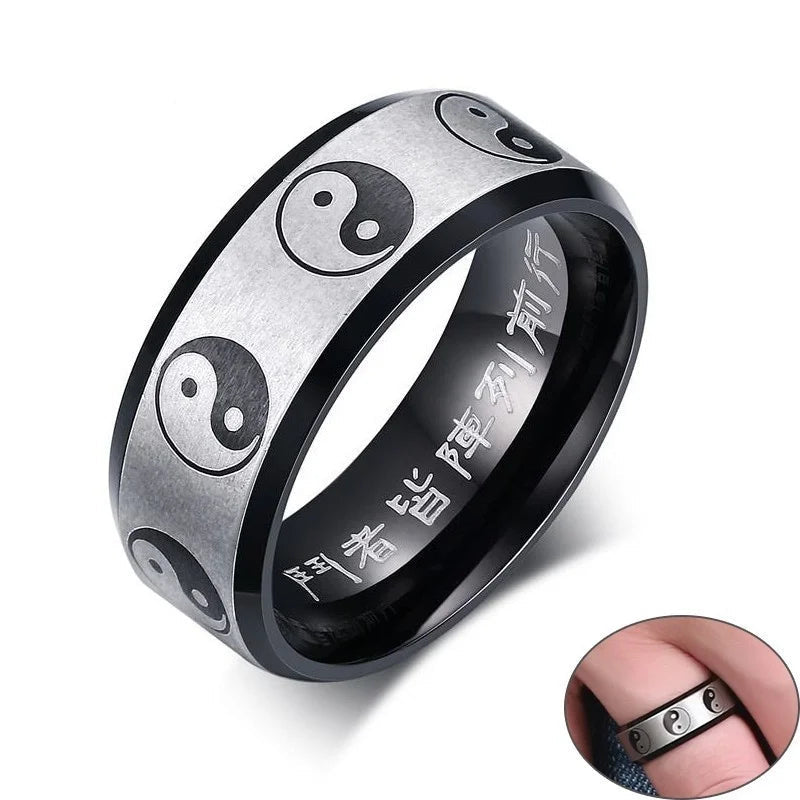 Vnox anéis tradicionais chineses de yang, masculinos e femininos, 8mm, preto, aço inoxidável, exorcismo, fofuras, joias de oração masculina