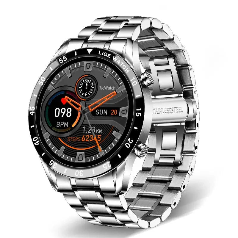 LIGE-Luxo Full Circle Touch Screen Smart Watch para Homens, Bluetooth Call, Faixa de Aço, Impermeável, Esportes, Fitness, Android, iOS