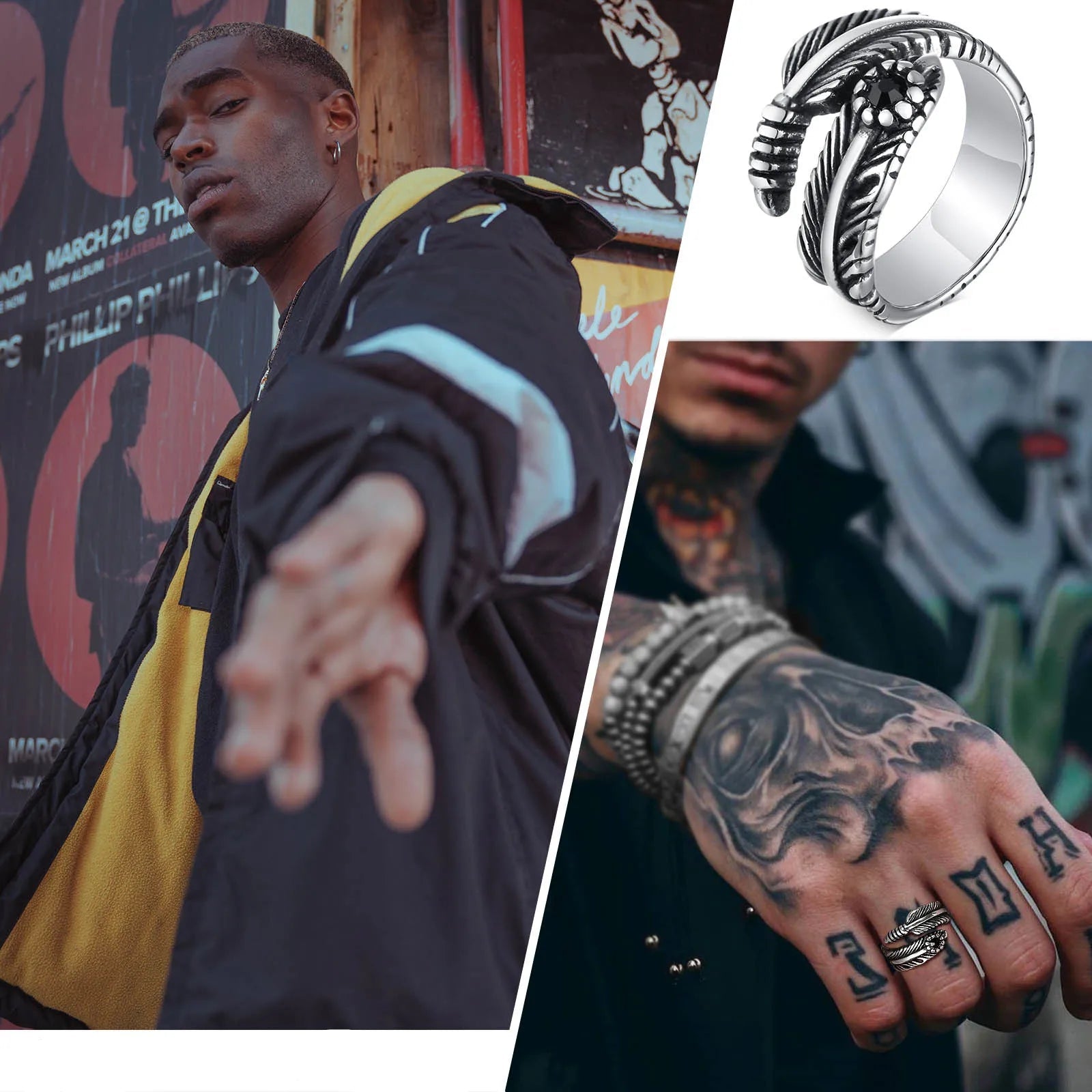 Vnox boho anéis de penas retrô para homens, anel de dedo estilo asas de aço inoxidável de cor antiga, joias masculinas rock punk