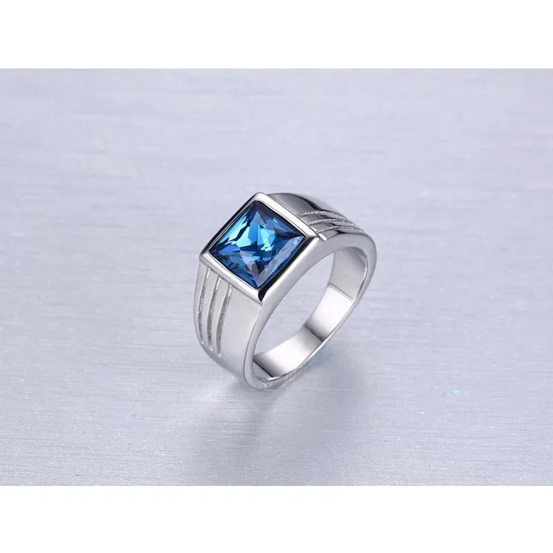 Vnox azul cz zircão anel de noivado para homens cor prata aço inoxidável de alta qualidade