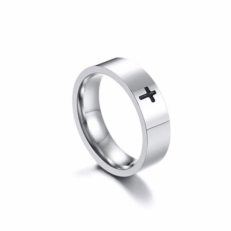 Anel de corte simples vnox de aço inoxidável, anel de cruz unissex em aço inoxidável brilhante de 4mm, acessório religioso e masculino para mulheres e homens