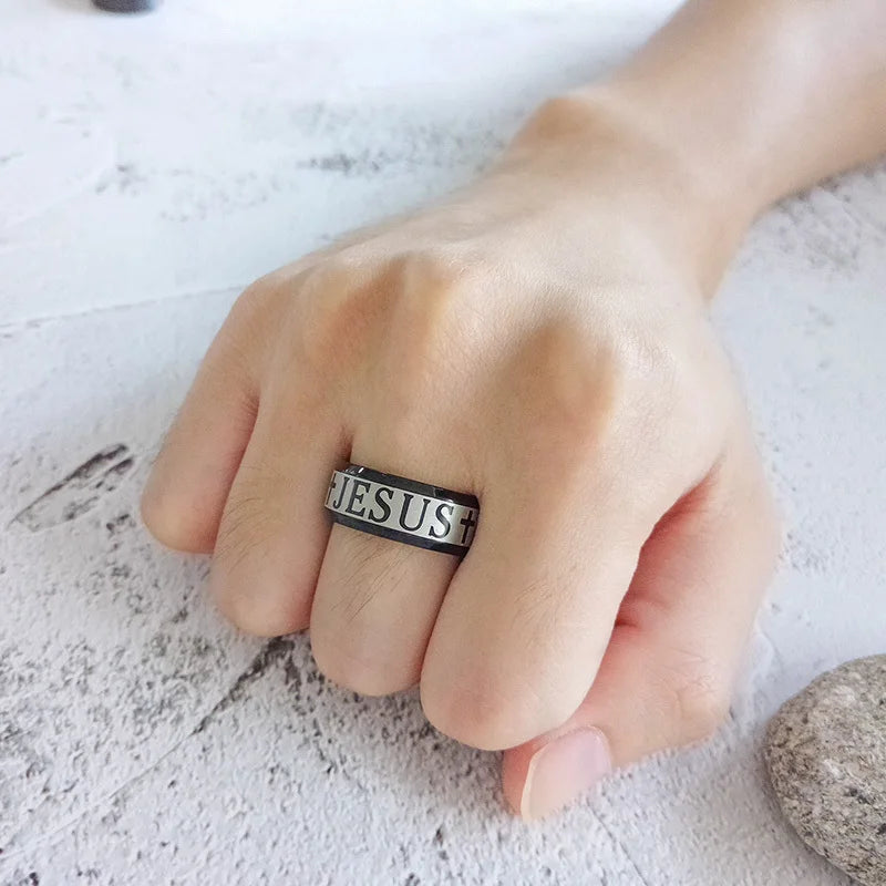 Vnox-anéis de aço inoxidável, 8mm, cruz de jesus, joias masculinas de oração, tamanho dos eua, 7 a 12