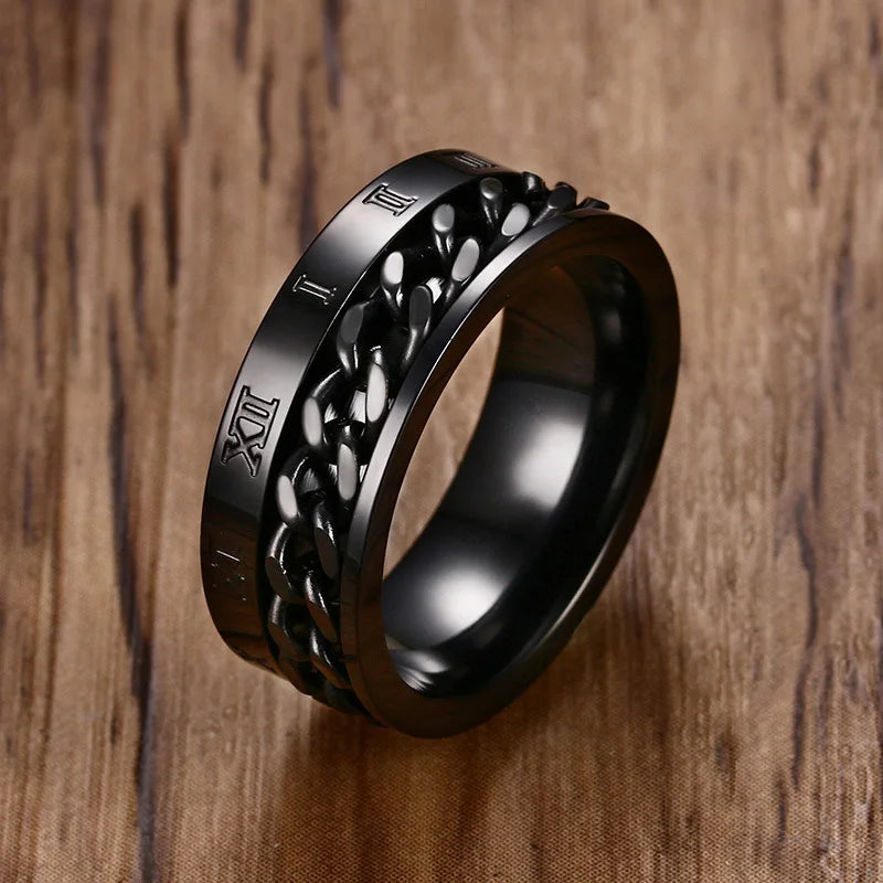 Vnox-Aço Inoxidável Rotatable Curb Cadeia Anel para Homens, Banda Numeral Romano, Masculino Punk Jóias, Fraternos Anéis, Elegante, 8mm