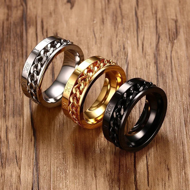 Vnox-Aço Inoxidável Rotatable Curb Cadeia Anel para Homens, Banda Numeral Romano, Masculino Punk Jóias, Fraternos Anéis, Elegante, 8mm