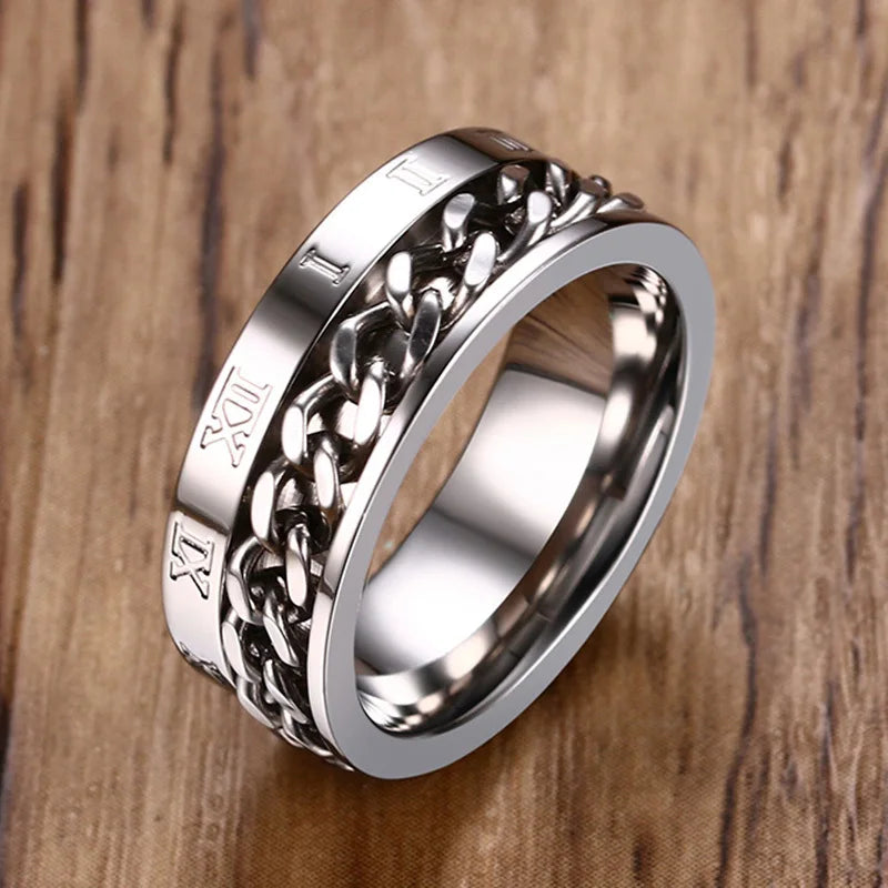Vnox-Aço Inoxidável Rotatable Curb Cadeia Anel para Homens, Banda Numeral Romano, Masculino Punk Jóias, Fraternos Anéis, Elegante, 8mm
