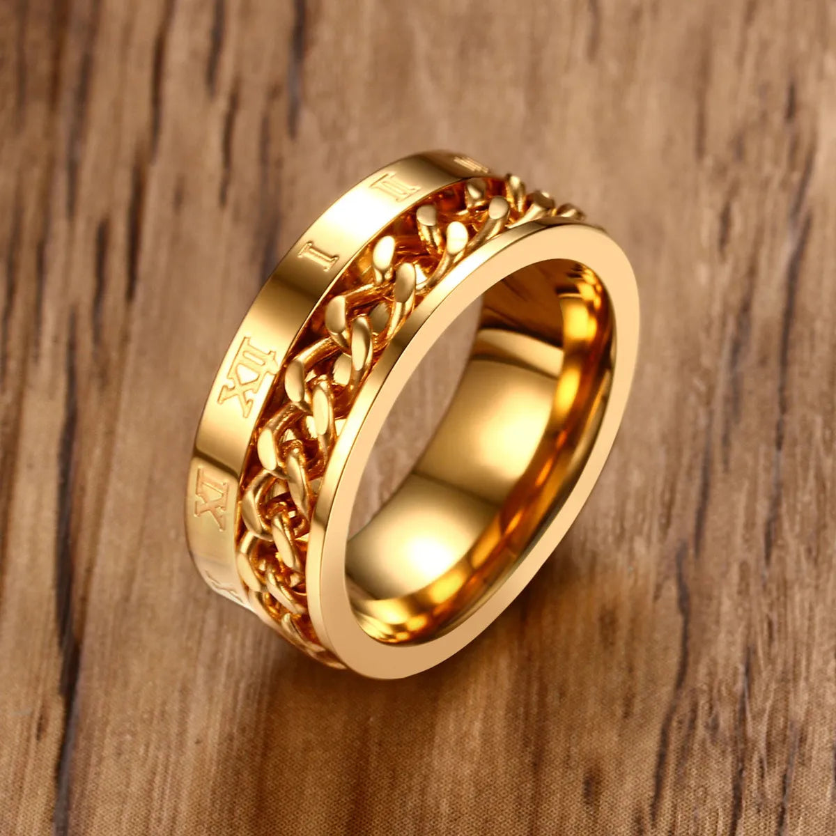 Vnox-Aço Inoxidável Rotatable Curb Cadeia Anel para Homens, Banda Numeral Romano, Masculino Punk Jóias, Fraternos Anéis, Elegante, 8mm