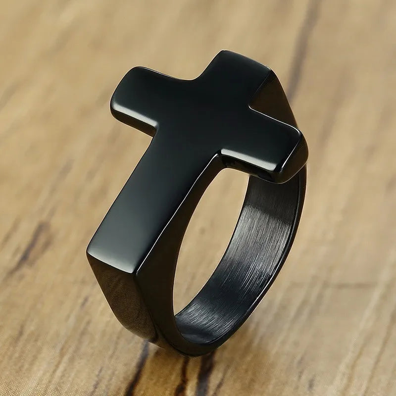Vnox-Unique Cruz Flat Top Anel para Homens, Aço Inoxidável Brilhante, Cristo, Jesus, Oração, Fé, Anéis Fraternos