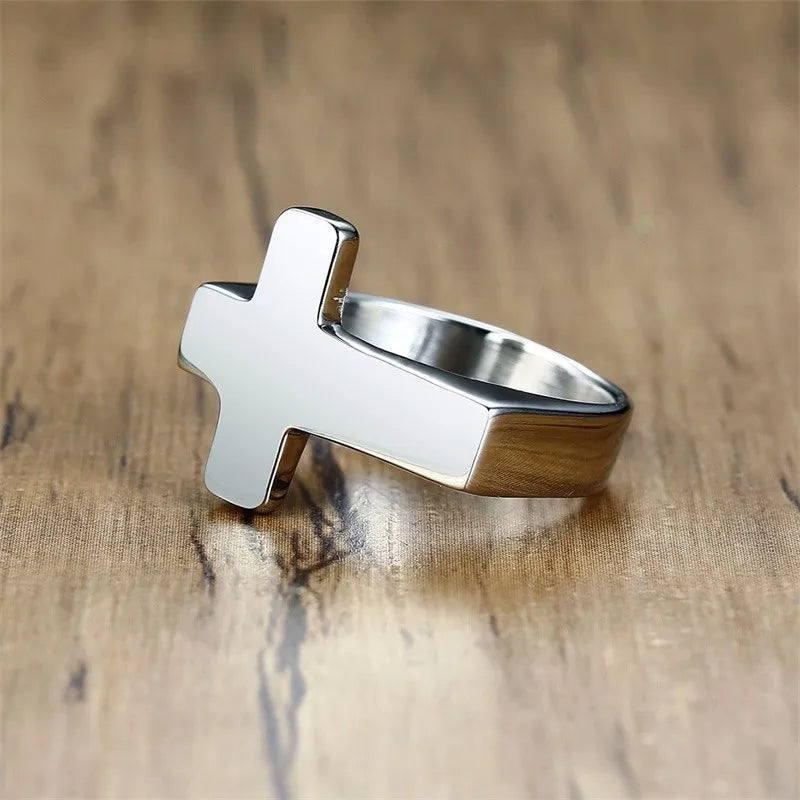 Vnox-Unique Cruz Flat Top Anel para Homens, Aço Inoxidável Brilhante, Cristo, Jesus, Oração, Fé, Anéis Fraternos