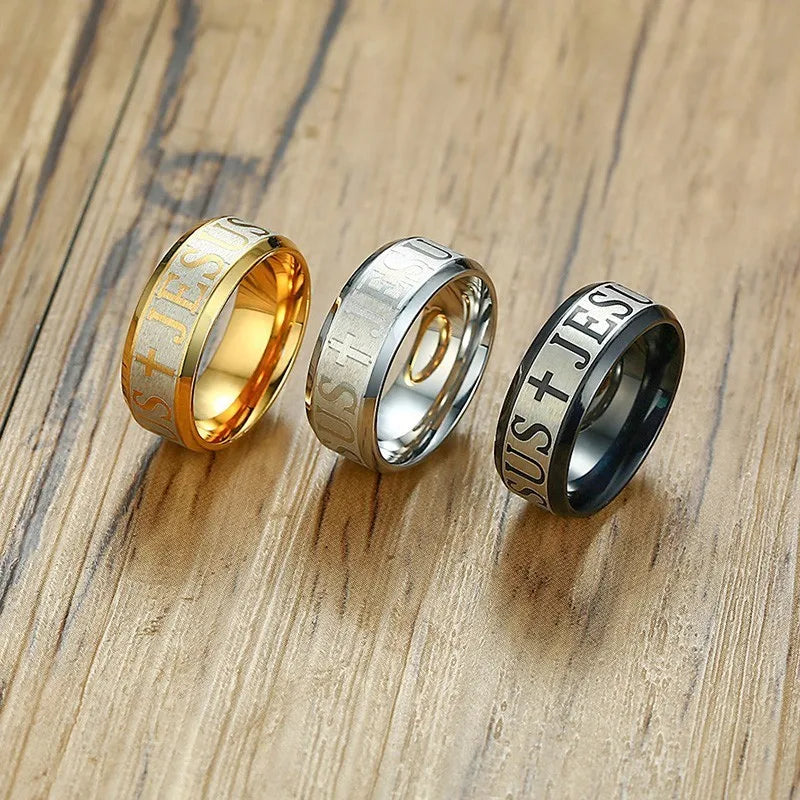 Vnox-anéis de aço inoxidável, 8mm, cruz de jesus, joias masculinas de oração, tamanho dos eua, 7 a 12