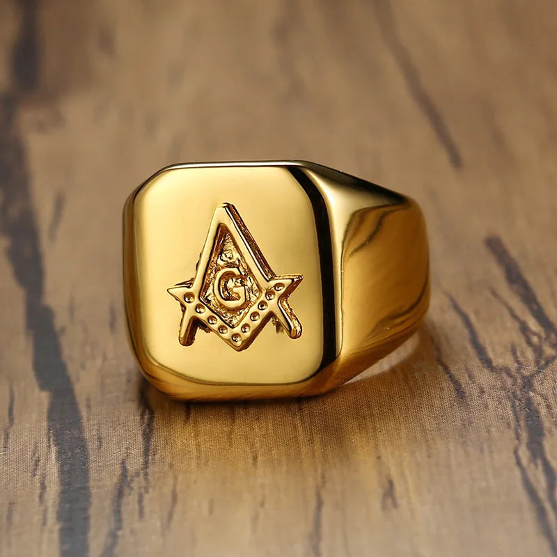 Vnox cor do ouro dos homens maçônica bússola quadrado anel de pedreiro livre alta de aço inoxidável polido grande festa anel masculino legal jóias