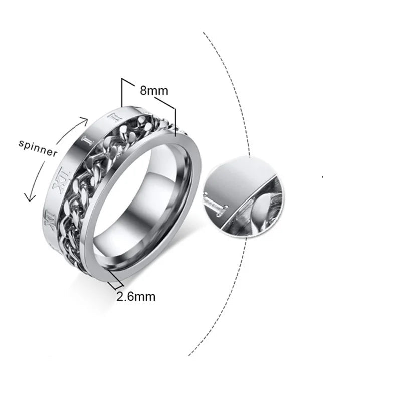 Vnox-Aço Inoxidável Rotatable Curb Cadeia Anel para Homens, Banda Numeral Romano, Masculino Punk Jóias, Fraternos Anéis, Elegante, 8mm