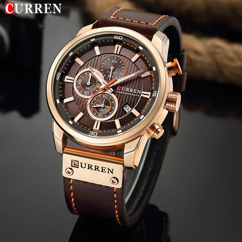 Curren-relógio de pulso de couro masculino, quartzo, militar, cronógrafo, esportes, exército, marca, para homens
