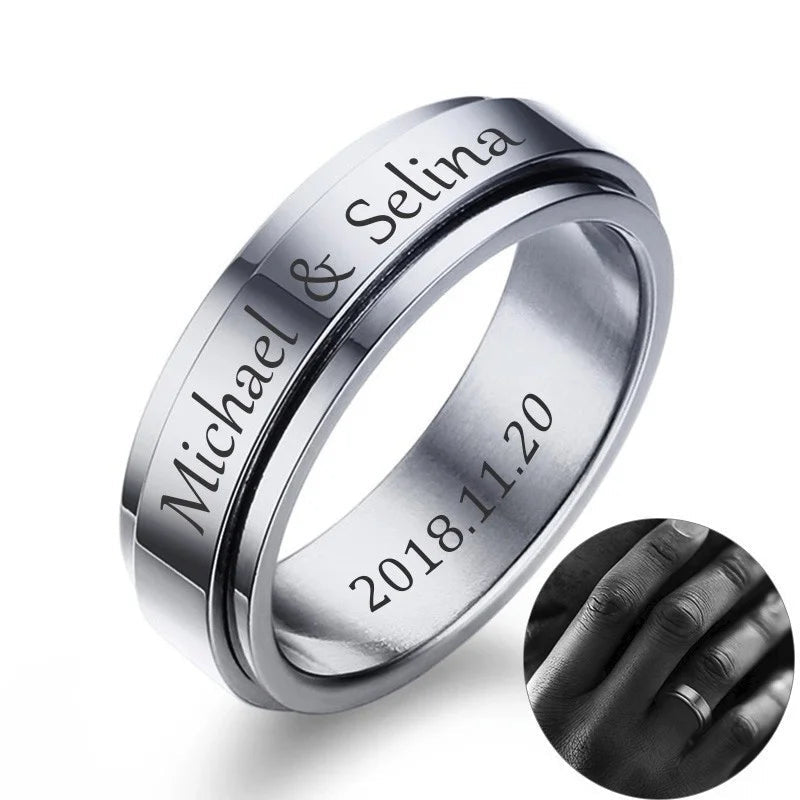 Vnox anel giratório personalizado para homens e mulheres, 6mm, aço inoxidável, faixa de casamento rotativa, nome personalizado, data, inicial, anel de cauda masculino