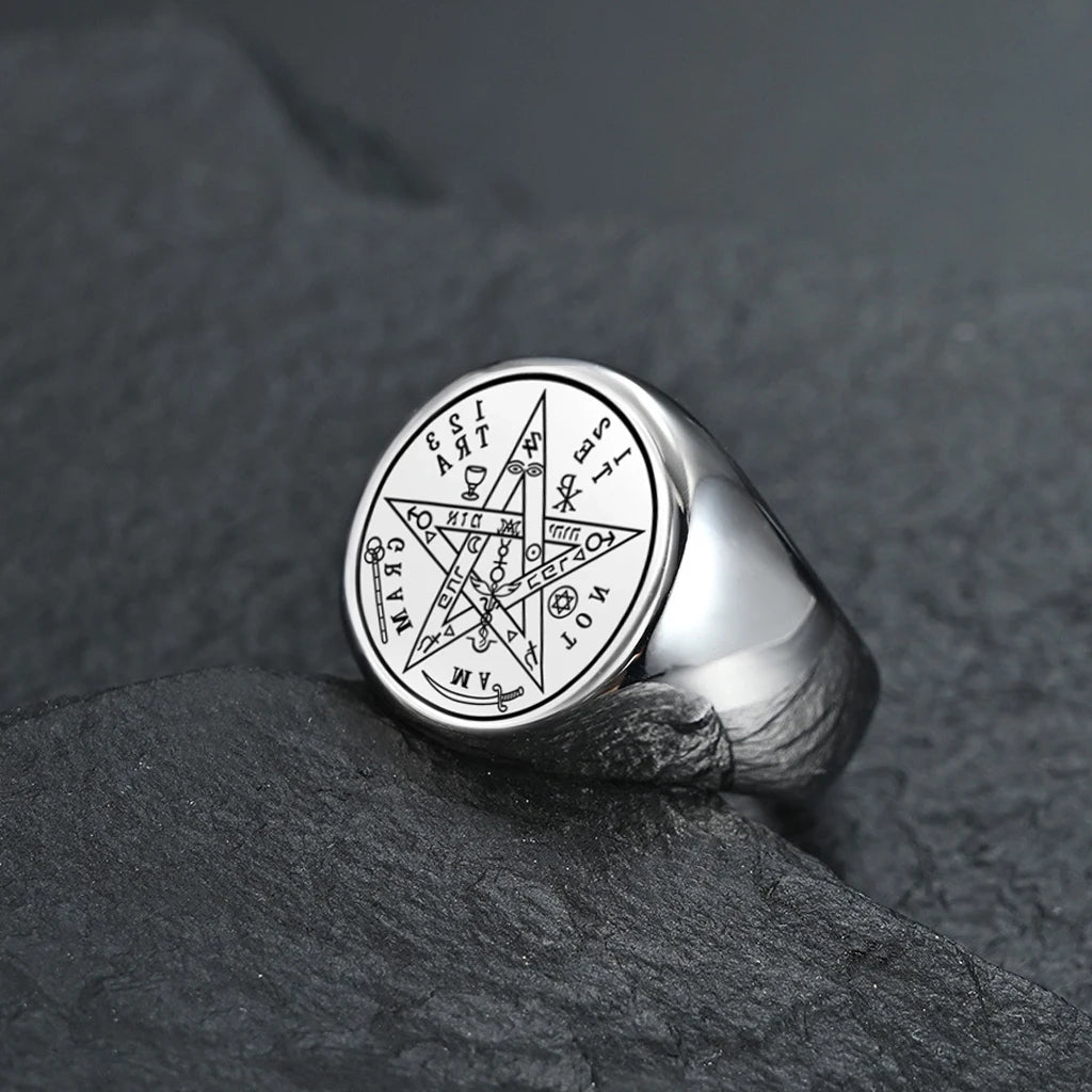 Anel Pentáculo de Aço Inoxidável para Homens, Tetragrammaton Judaico, Pentagrama Hebraico, Proteção De Poder De Bruxaria, Amuleto Jóias