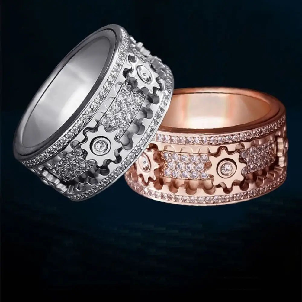 Handmade Diamante Ornamentado Geométrica 3D Banda Anel Engrenagem Spinner Anéis Rotativo de Descompressão Mecânica Anel de Ansiedade para Homens e Mulheres