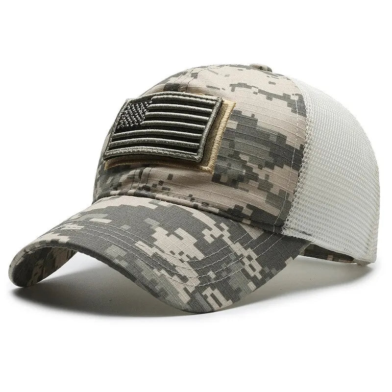 Bandeira americana camuflagem adesivo bordado Baseball Cap Net Hat Men Outdoor Velcro Cap