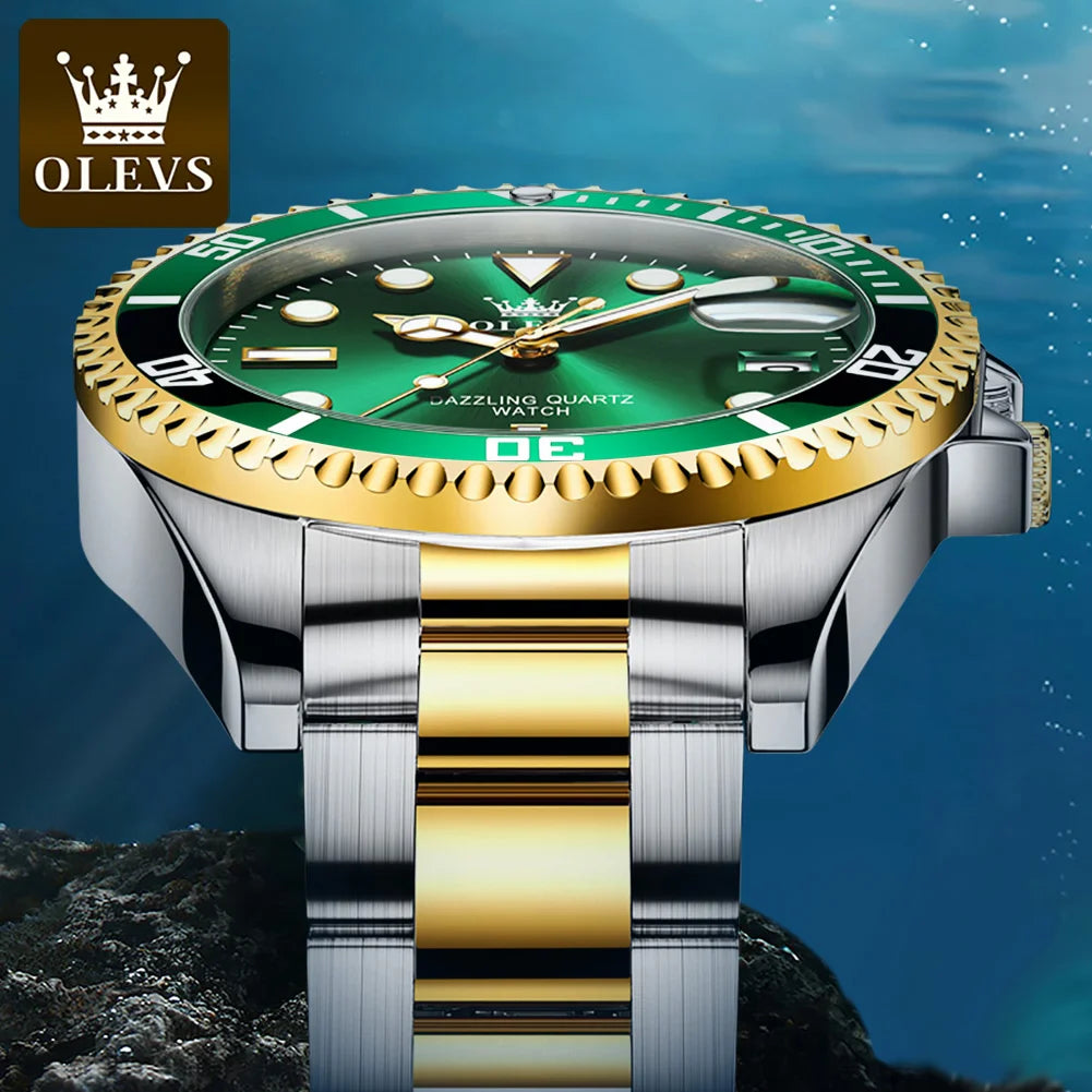 OLEVS-Relógio quartzo de aço inoxidável impermeável masculino, relógio de pulso verde luminoso, Top original, luxo