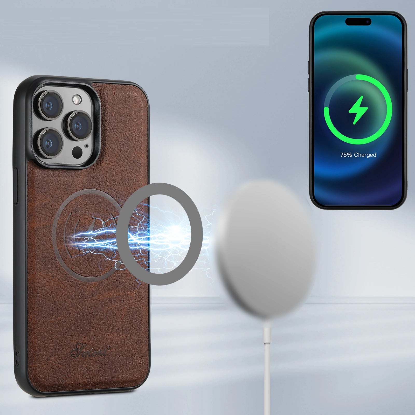 Suteni carteira para homens de carregamento sem fio caso telefone titular do cartão couro bolso magnético capa para iphone 12 13 14 16promax 15plus