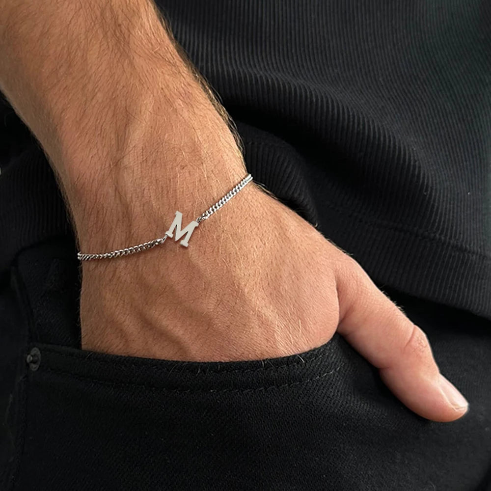 Clássico A-Z Pulseira Carta Inicial para Homens, Corrente De Aço Inoxidável Artesanal, Presente Da Jóia, Novo