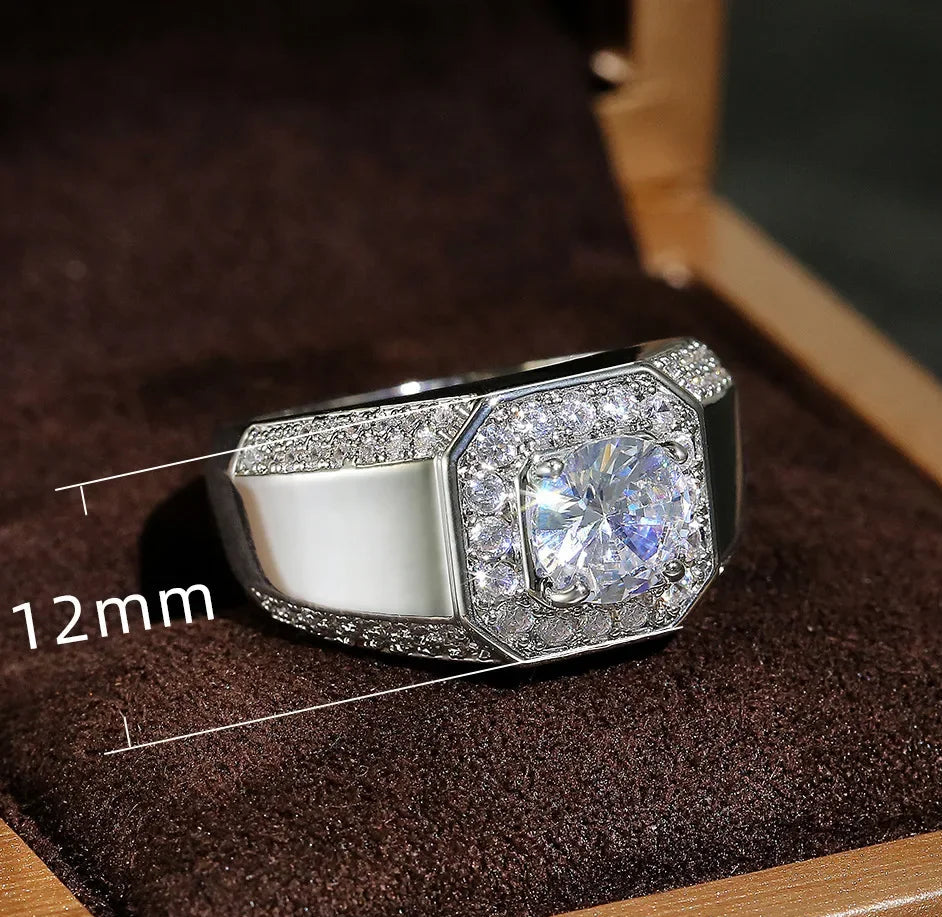 Anel de casamento de prata esterlina 925 para homens, pedra de cristal AAA, brilhante nobre, noivado, festa do motor, selo