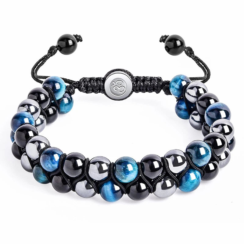Pulseira Proteção Tripla para Homens e Mulheres, Olho de Tigre, Obsidiana Negra, Hematita, Pulseira de Cristal Curativa, Contas 8mm