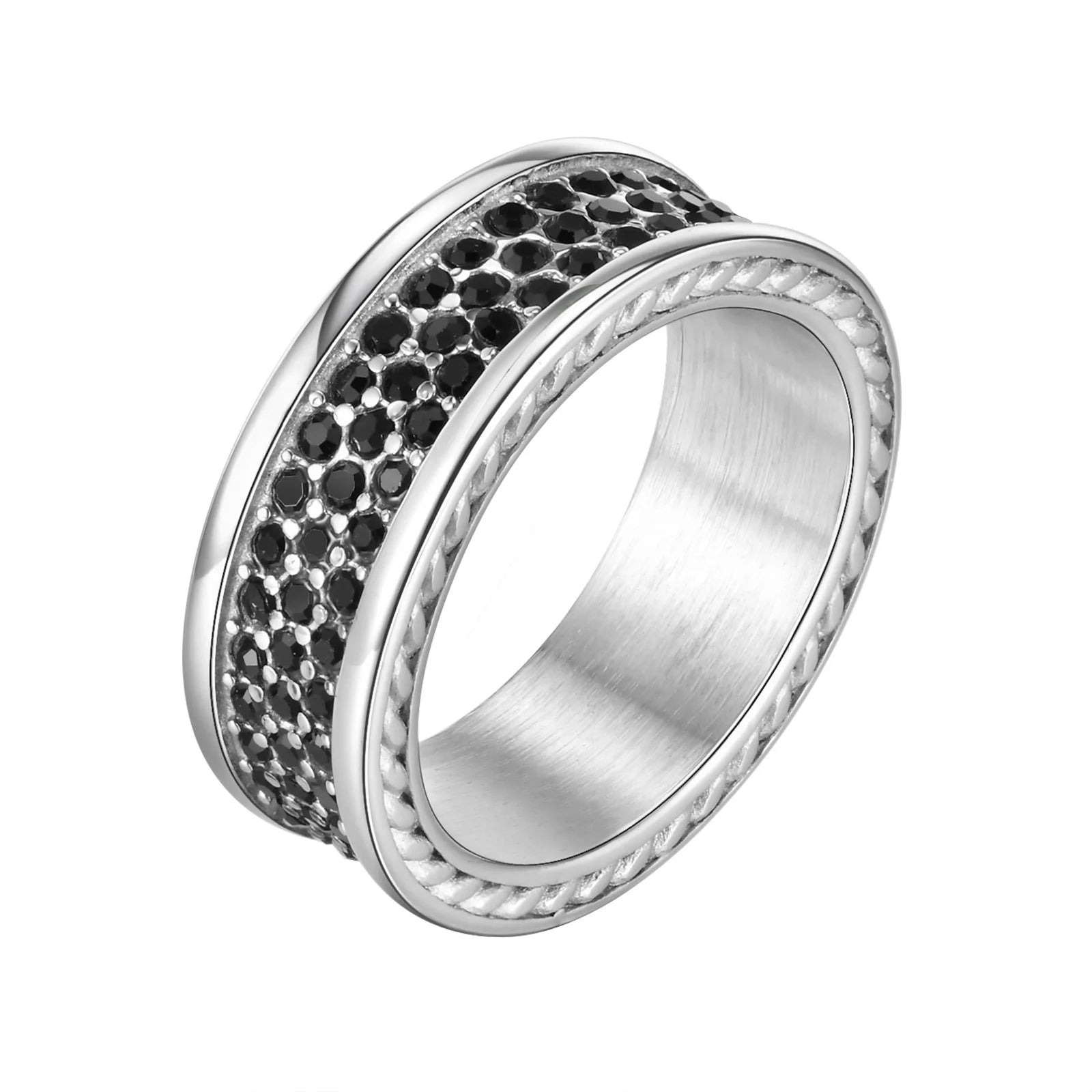 Anel de pedras cz pretas vnox 8mm para homens meninos, faixa de dedo com borda texturizada torcida grossa, presente de joia masculina legal e elegante para uso diário