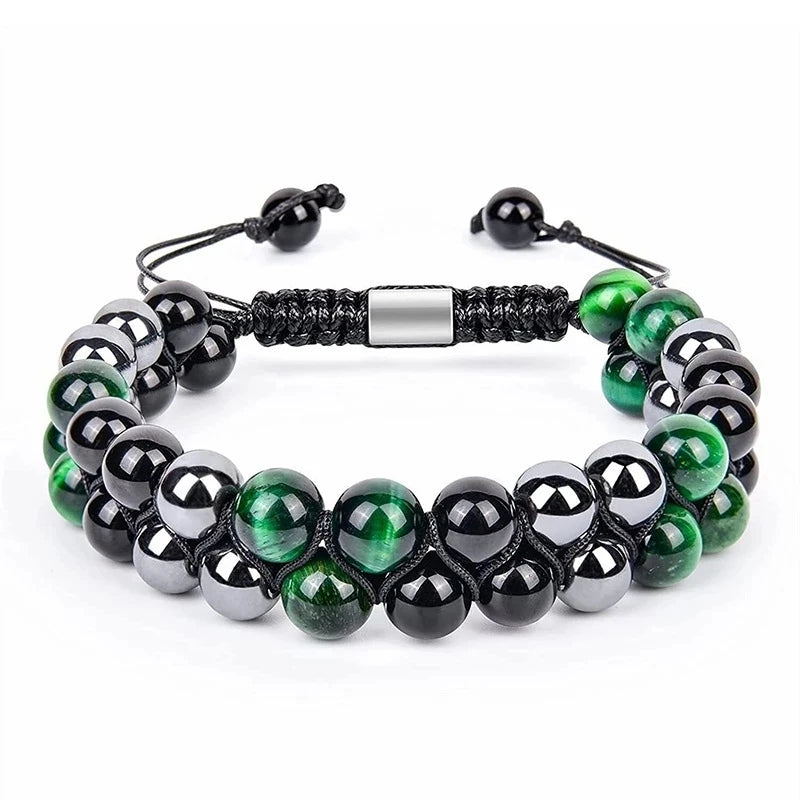Pulseira Proteção Tripla para Homens e Mulheres, Olho de Tigre, Obsidiana Negra, Hematita, Pulseira de Cristal Curativa, Contas 8mm
