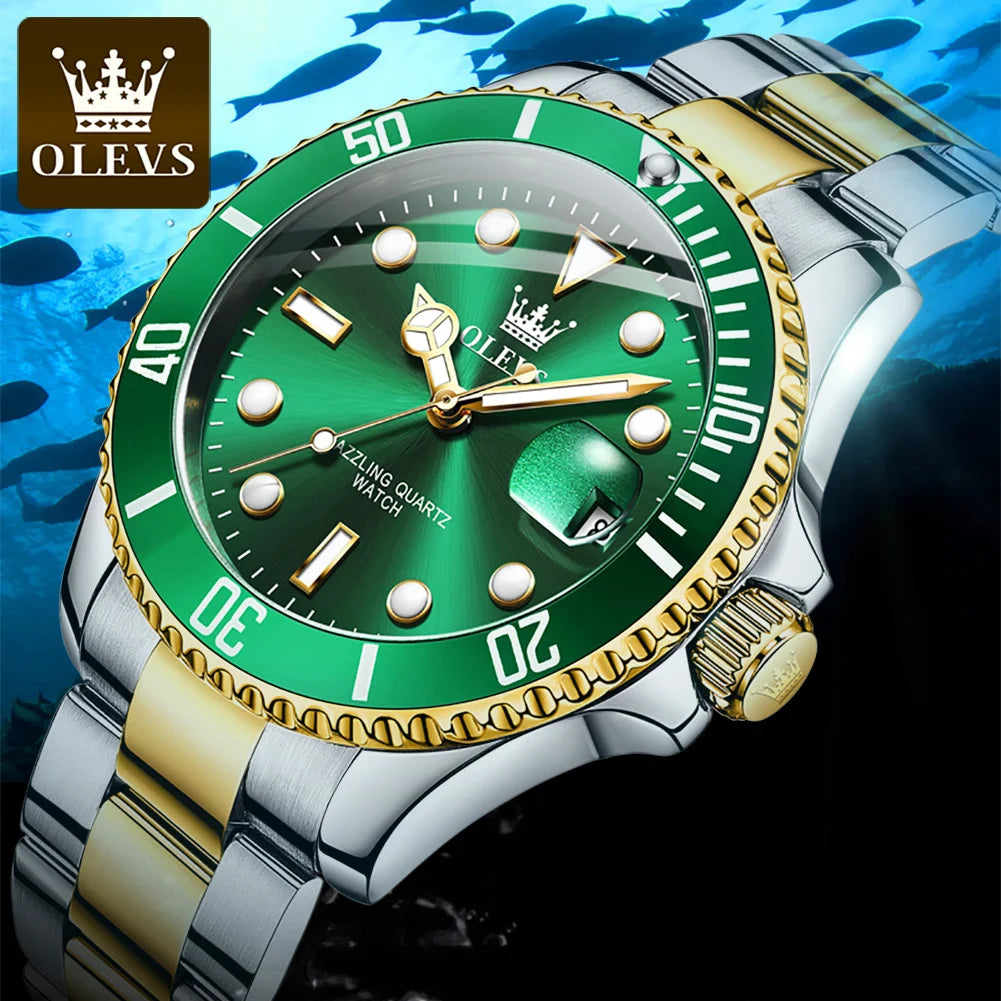 OLEVS-Relógio quartzo de aço inoxidável impermeável masculino, relógio de pulso verde luminoso, Top original, luxo