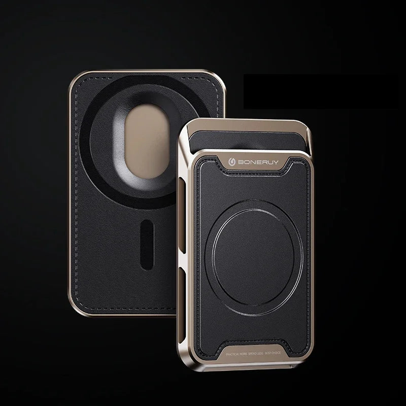 Couro de luxo magsafe magnético titular do cartão móvel para iphone 12 13 14 15 16 pro max alumínio móvel cartão bancário id carteira caso