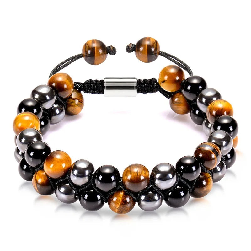 Pulseira Proteção Tripla para Homens e Mulheres, Olho de Tigre, Obsidiana Negra, Hematita, Pulseira de Cristal Curativa, Contas 8mm