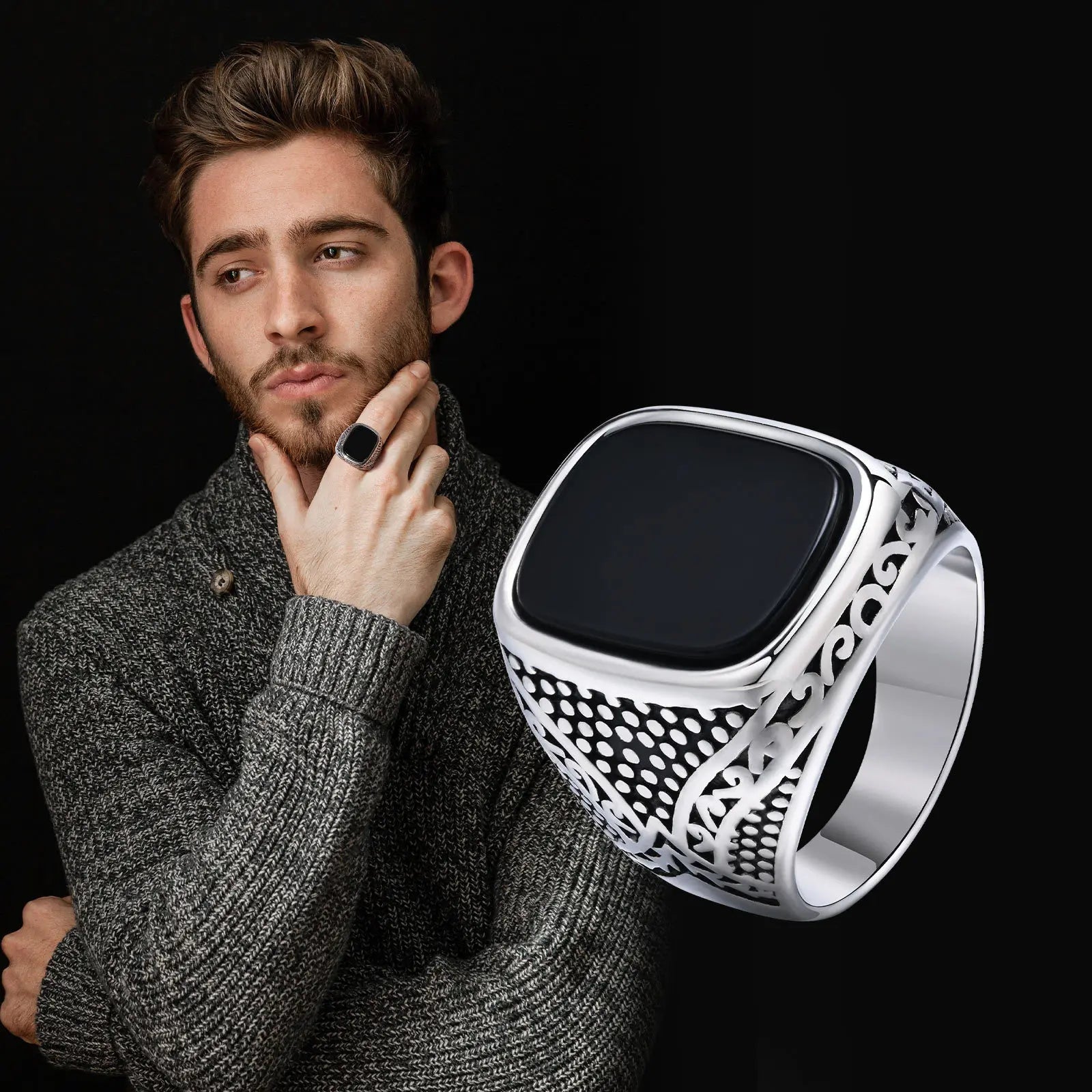 Vnox-Anéis de pedra ônix em aço inoxidável para homens, anel sinete metálico, punk rock, estiloso, moda legal, presentes para ele, jóias