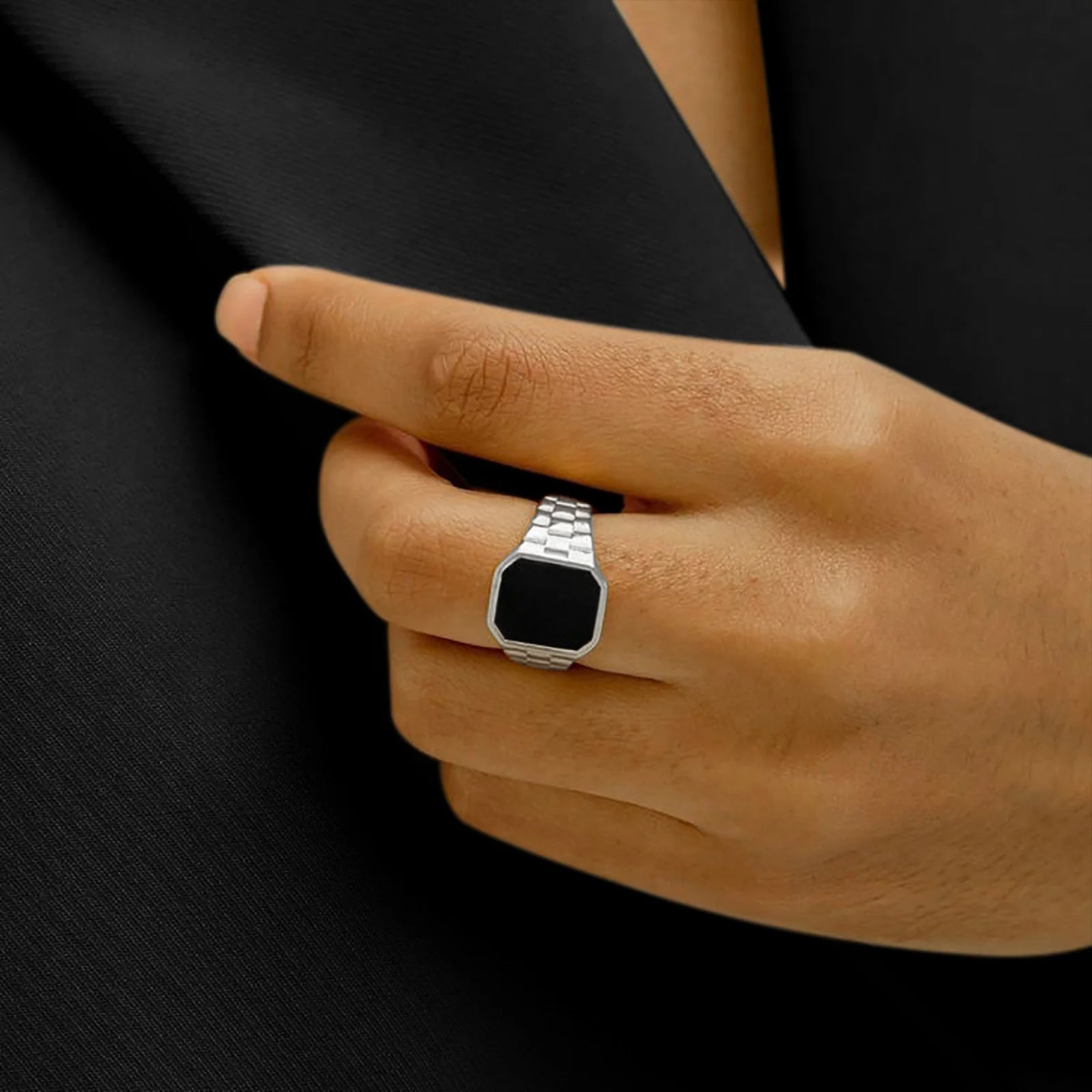 Vnox-Pulseiras elegantes de aço inoxidável para homens e mulheres, sinete quadrado preto, anel de polegar do pinky, presentes para pai, pai, marido