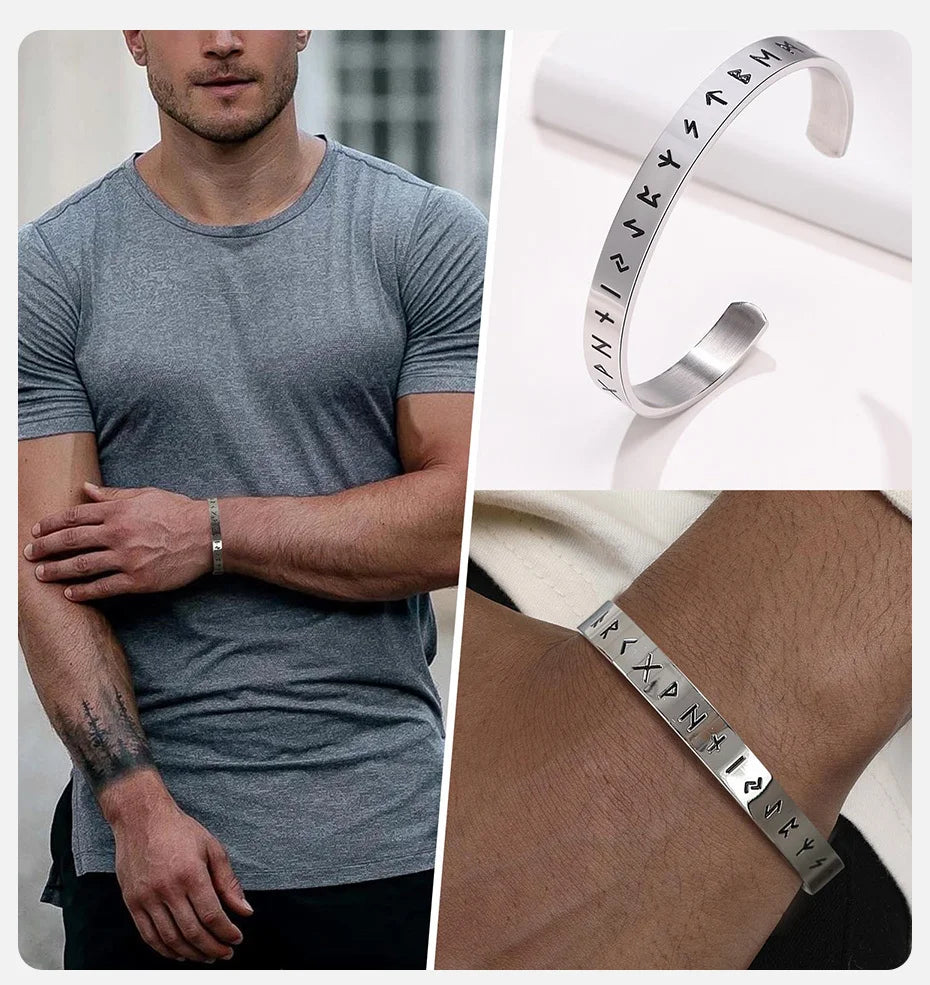 Vnox pulseiras viking de 8mm para homens, pulseira de punho com amuleto de letras runas viking nórdicas, pulseira vintage punk rock para meninos, presente de dia dos pais