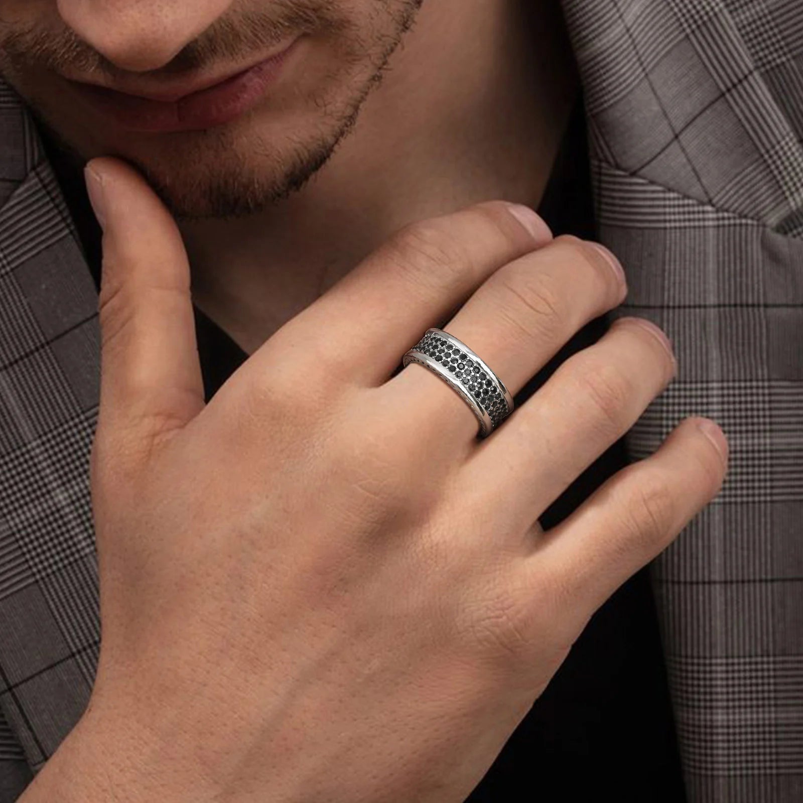 Anel de pedras cz pretas vnox 8mm para homens meninos, faixa de dedo com borda texturizada torcida grossa, presente de joia masculina legal e elegante para uso diário