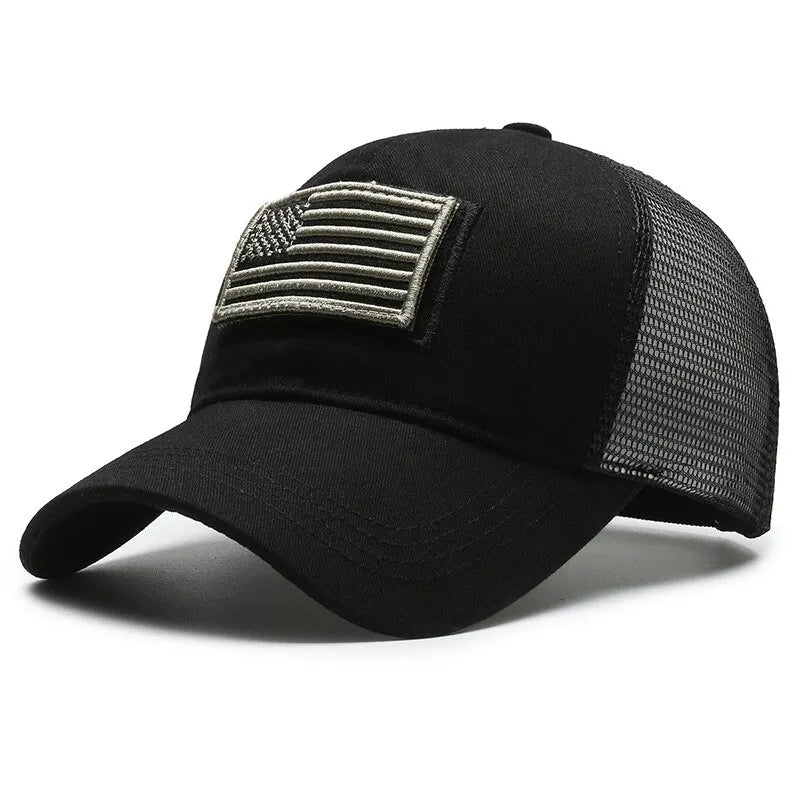 Bandeira americana camuflagem adesivo bordado Baseball Cap Net Hat Men Outdoor Velcro Cap