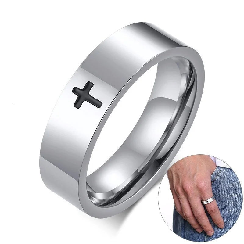 Anel de corte simples vnox de aço inoxidável, anel de cruz unissex em aço inoxidável brilhante de 4mm, acessório religioso e masculino para mulheres e homens