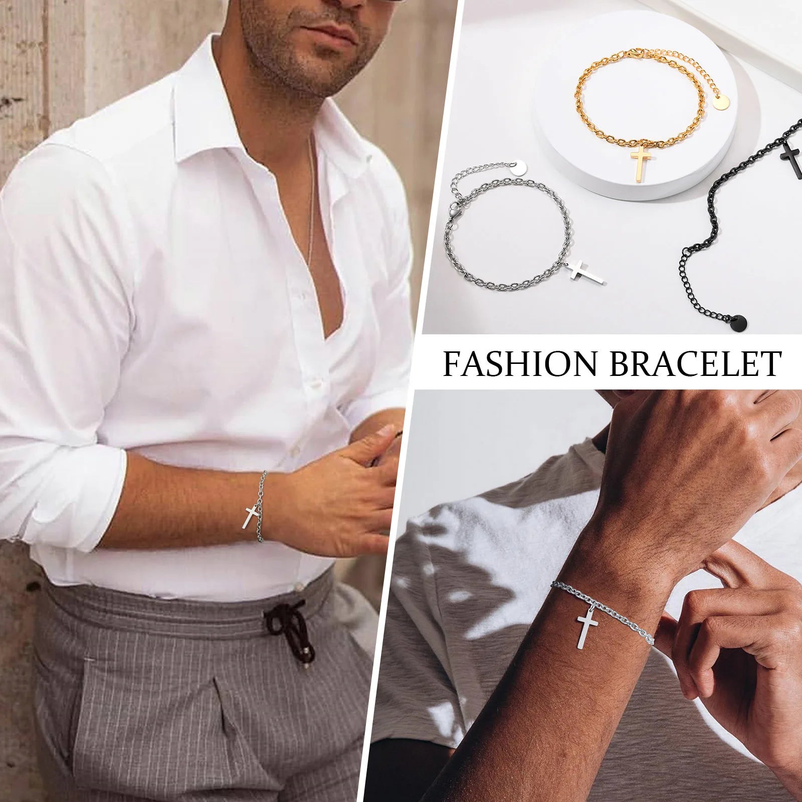 Vnox-Bracelete com amuleto cruzado para homens e mulheres, Corrente Rolo Ajustável em Aço Inoxidável, Christian Jewelry, Jesus Cristo, Casual, Menino, Masculino