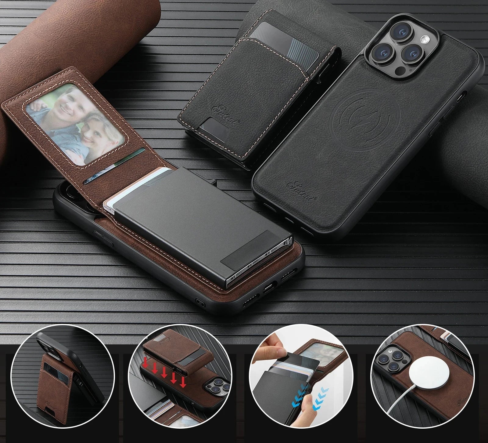 Suteni carteira para homens de carregamento sem fio caso telefone titular do cartão couro bolso magnético capa para iphone 12 13 14 16promax 15plus