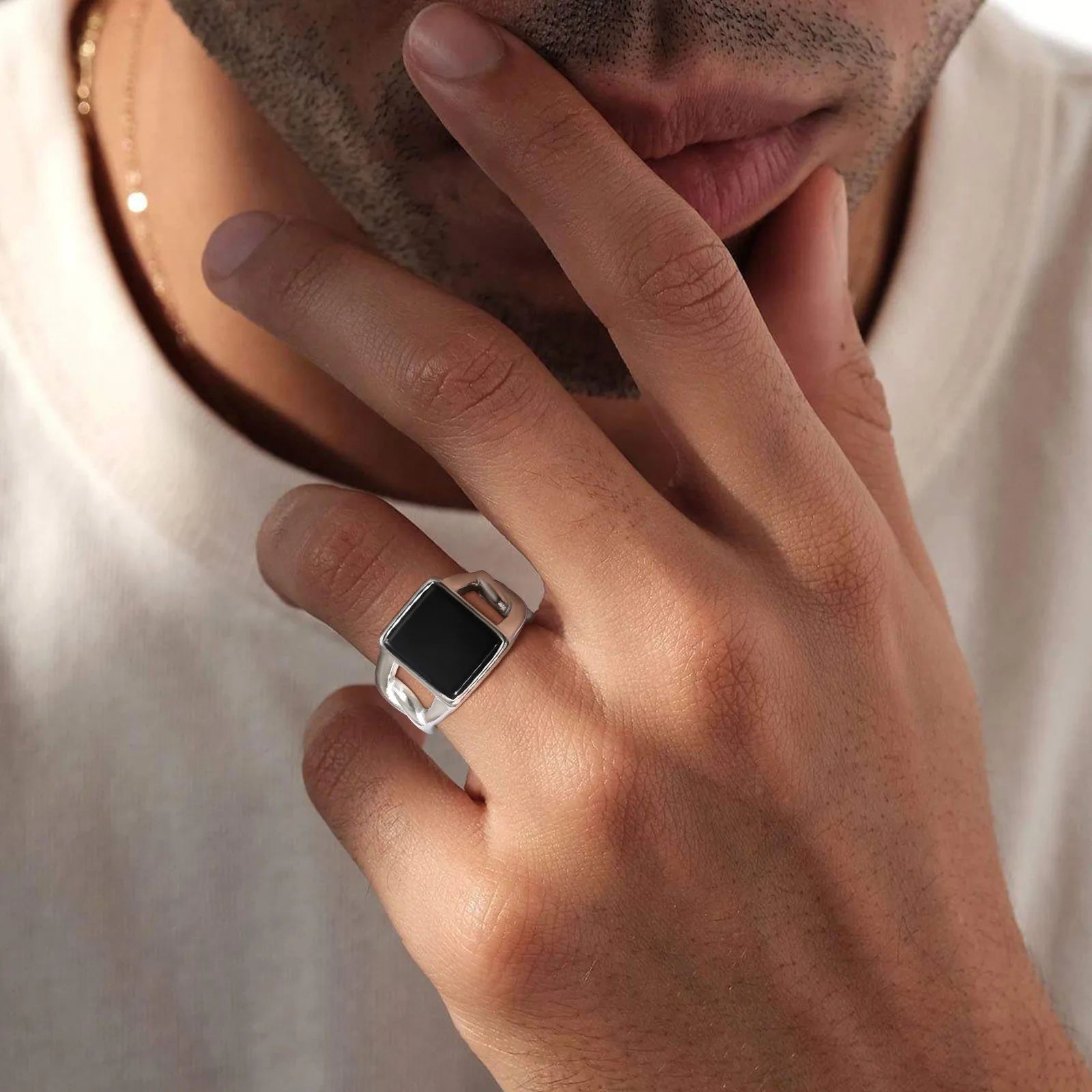 Vnox-anel de sinete de aço inoxidável para homens, faixa de dedo cubana em forma de corrente, pedra quadrada geométrica preta, anel de 14mm
