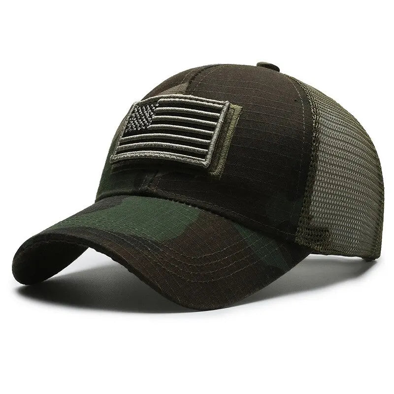 Bandeira americana camuflagem adesivo bordado Baseball Cap Net Hat Men Outdoor Velcro Cap