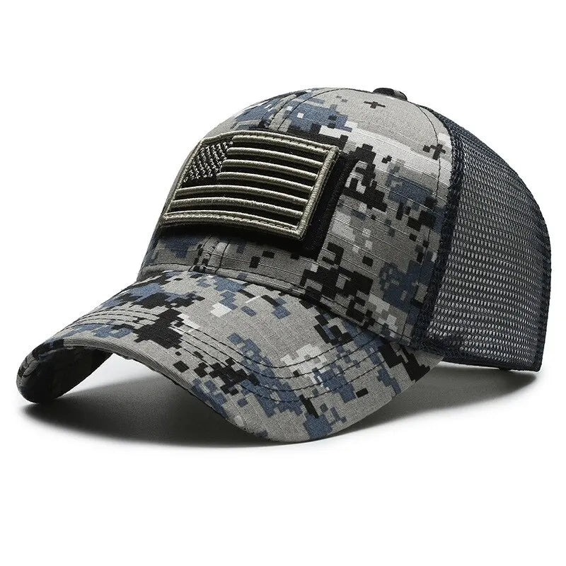 Bandeira americana camuflagem adesivo bordado Baseball Cap Net Hat Men Outdoor Velcro Cap