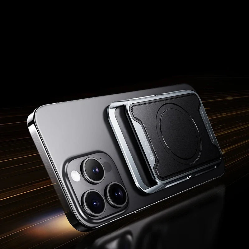 Couro de luxo magsafe magnético titular do cartão móvel para iphone 12 13 14 15 16 pro max alumínio móvel cartão bancário id carteira caso