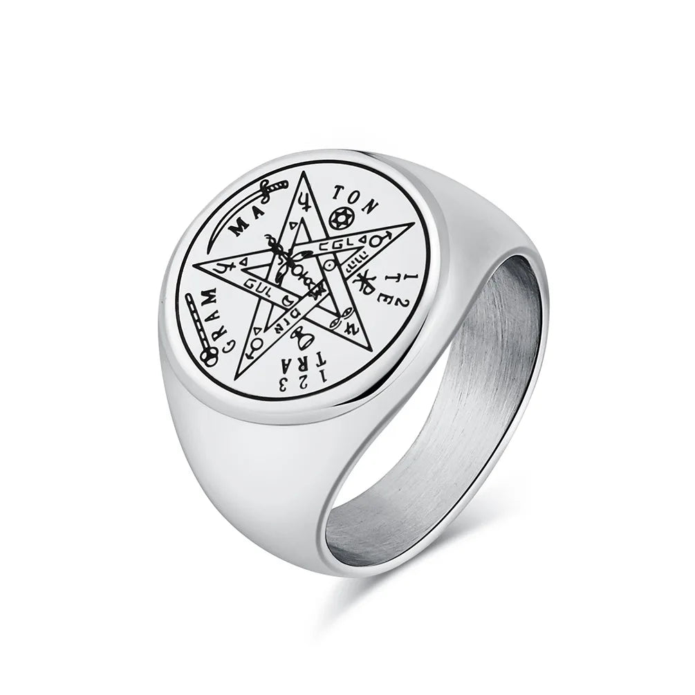 Anel Pentáculo de Aço Inoxidável para Homens, Tetragrammaton Judaico, Pentagrama Hebraico, Proteção De Poder De Bruxaria, Amuleto Jóias