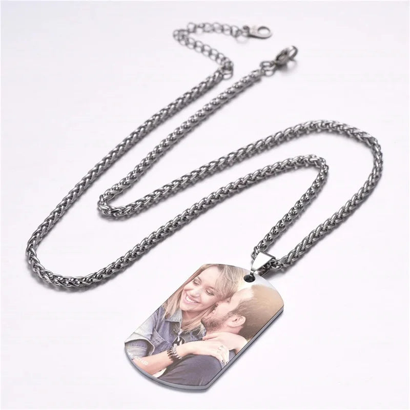 Colar de aço inoxidável personalizado para homens, foto colorida, imagem personalizada, texto gravado, data colares