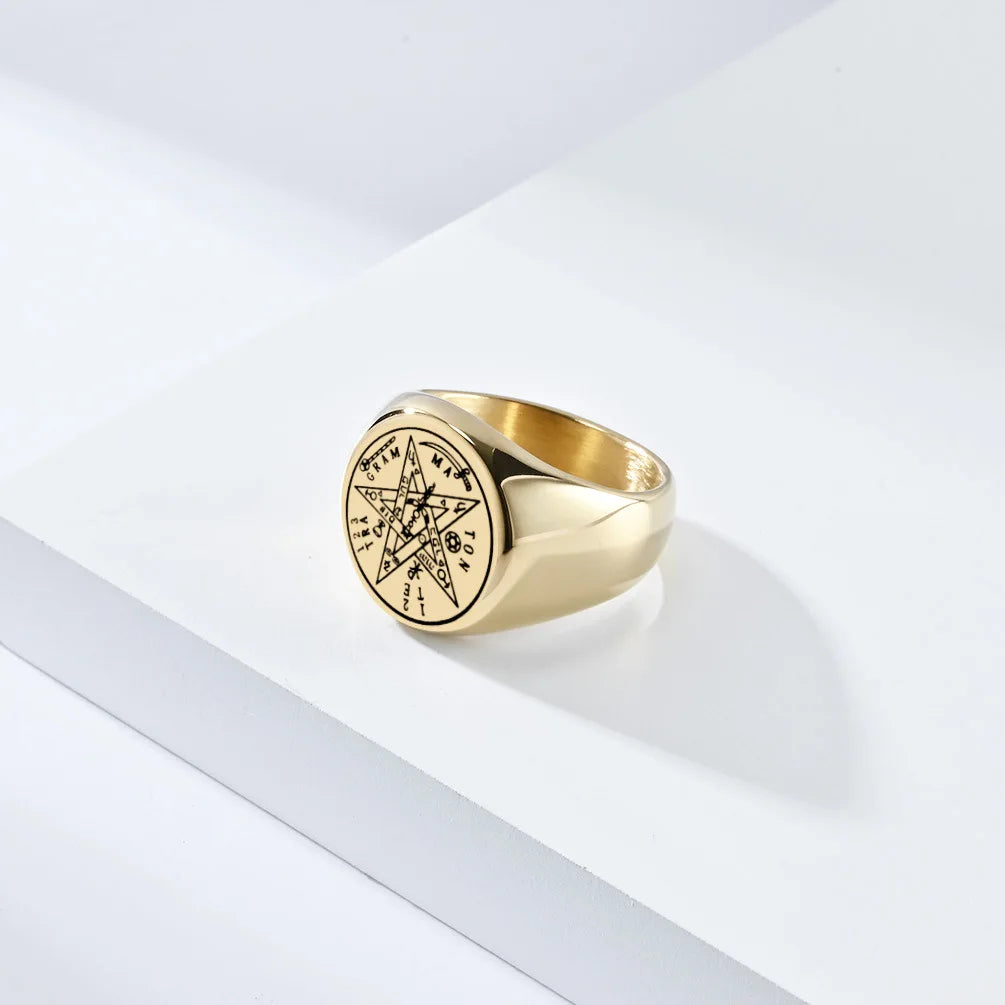 Anel Pentáculo de Aço Inoxidável para Homens, Tetragrammaton Judaico, Pentagrama Hebraico, Proteção De Poder De Bruxaria, Amuleto Jóias