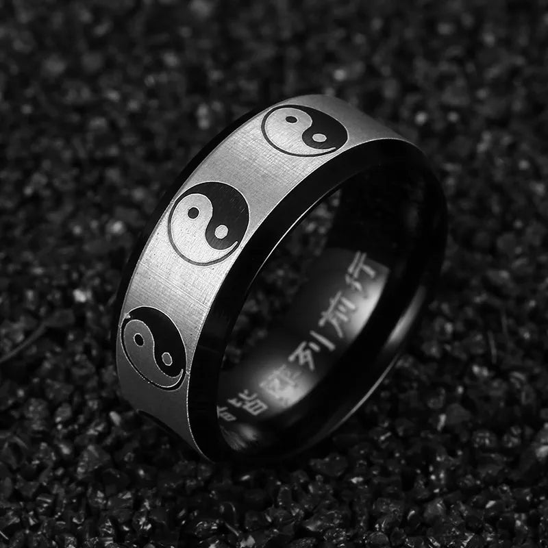 Vnox anéis tradicionais chineses de yang, masculinos e femininos, 8mm, preto, aço inoxidável, exorcismo, fofuras, joias de oração masculina