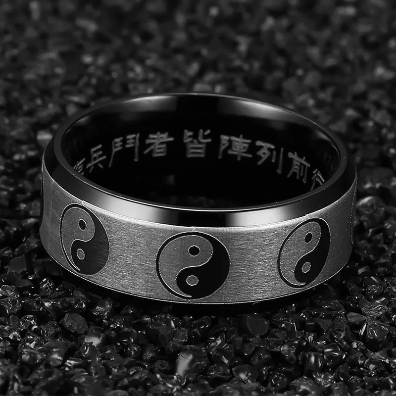 Vnox anéis tradicionais chineses de yang, masculinos e femininos, 8mm, preto, aço inoxidável, exorcismo, fofuras, joias de oração masculina